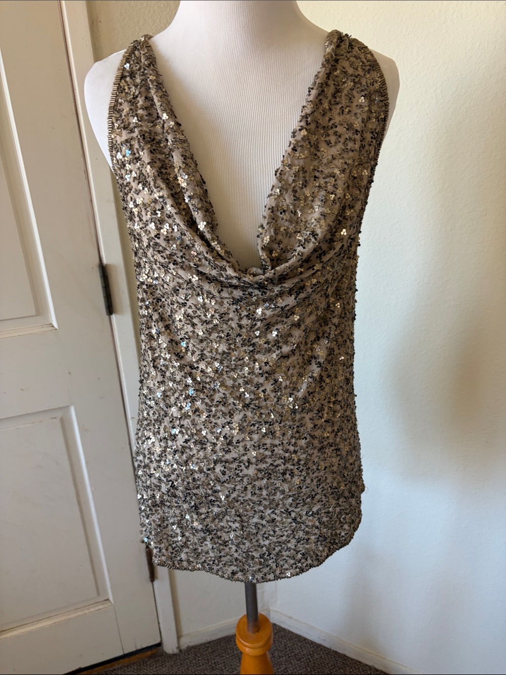 All Saints Sequin Cowl Neck Tank Top in Champagne